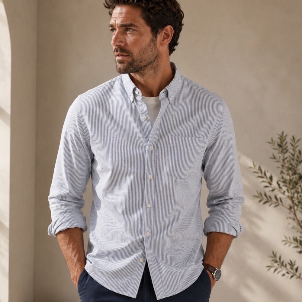 NN07 No Nationality Button Down Shirt Mens Large Blue Striped Cotton Long Sleeve